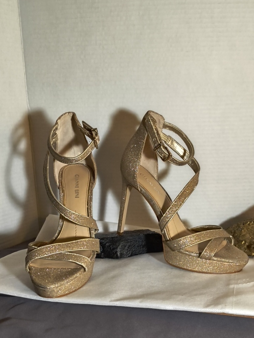Gianni Bini Metallic  Sand Gold (Champagne) Glitter Strappy High Heels
